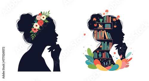 Elegant silhouette illustrations of a woman with floral crown and a woman with books, symbolizing imagination and knowledge.