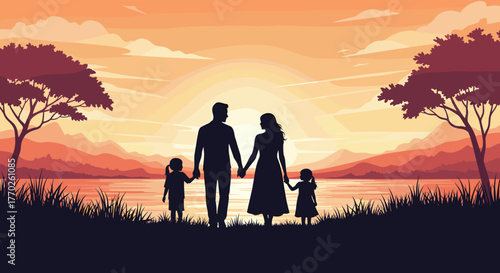 A family silhouetted against a beautiful sunset, holding hands near the water, with mountains and trees in the background, a heartwarming scene.