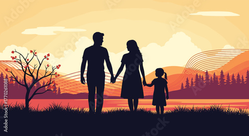 A silhouette illustration shows a family of three walking hand-in-hand by a calm lake at sunset with mountains and trees in the background.