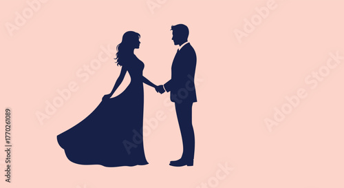 Silhouettes of a bride and groom holding hands on a soft pink background.