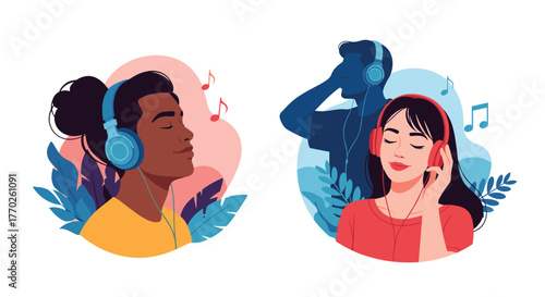 People wearing headphones listening to music with closed eyes, cartoon style illustration, showcasing different cultures, music enjoyment, and sound experience.