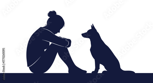 A silhouette illustration of a person feeling down, being supported emotionally by their faithful canine companion.