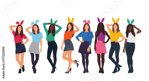 Diverse group of women wearing bunny ears, posing in colorful outfits, celebrating Easter or a fun event together.