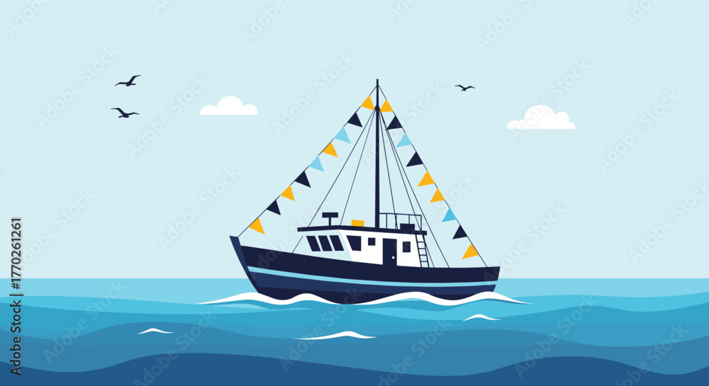 Naklejka premium A festive fishing boat sails on a bright day with flags and seagulls overhead, perfect for nautical themes and marine illustrations.