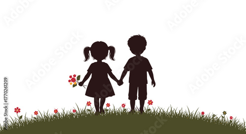 Silhouette of two children holding hands in a grassy field with flowers, symbolizing friendship and togetherness, against a white background.