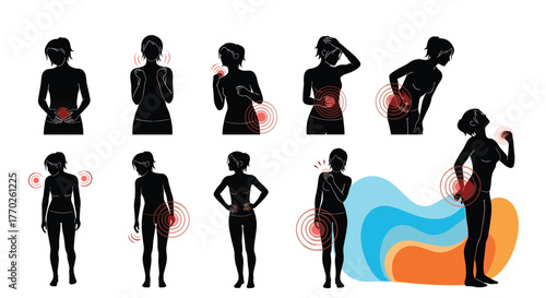 Illustrative silhouettes of women experiencing various types of body pain, marked with red circles.