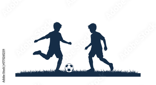 A dynamic silhouette illustration shows two boys playing soccer on a patch of grass, capturing the joy of youth and sport.
