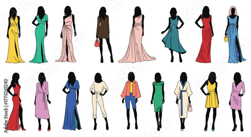 Collection of diverse female fashion illustrations showcasing various elegant dresses and outfits.
