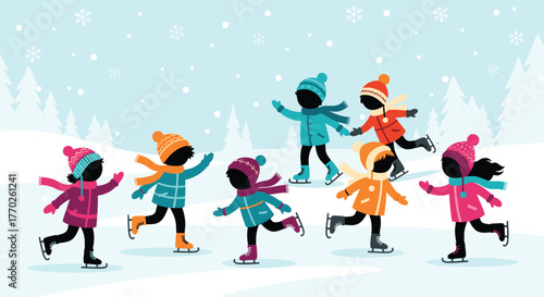 Children enjoy ice skating outdoors on a winter day, with snowy hills and falling snowflakes in the background.