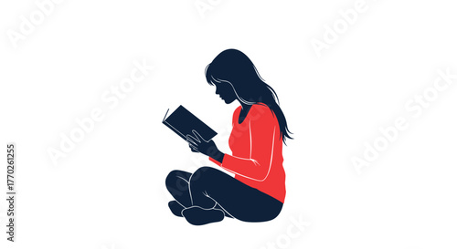 Silhouette of a woman in red sweater reading a book, seated on the floor with legs crossed.