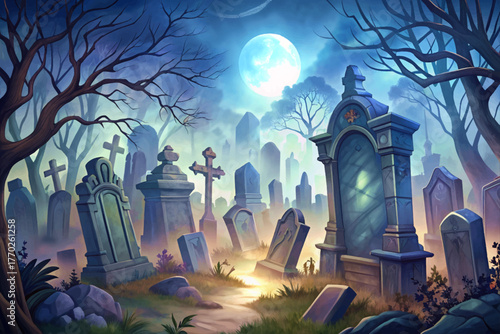 Old graveyard with tombstones covered in mist under moonlight representing eerie Halloween mood