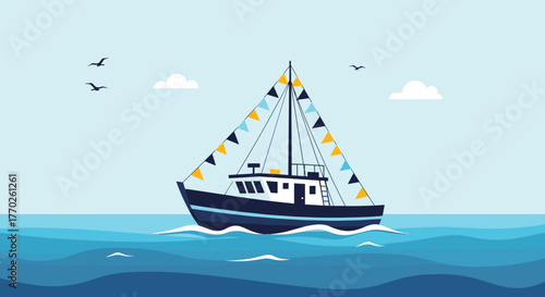 A festive fishing boat sails on a bright day with flags and seagulls overhead, perfect for nautical themes and marine illustrations.