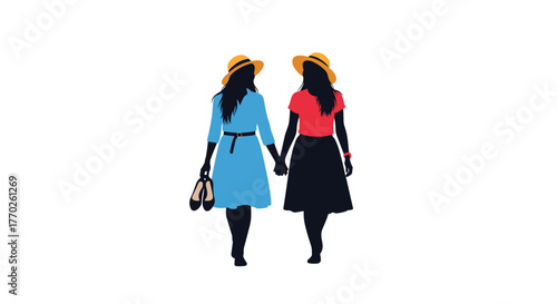 Two women wearing sun hats and dresses walking and holding hands are depicted in a vector illustration.