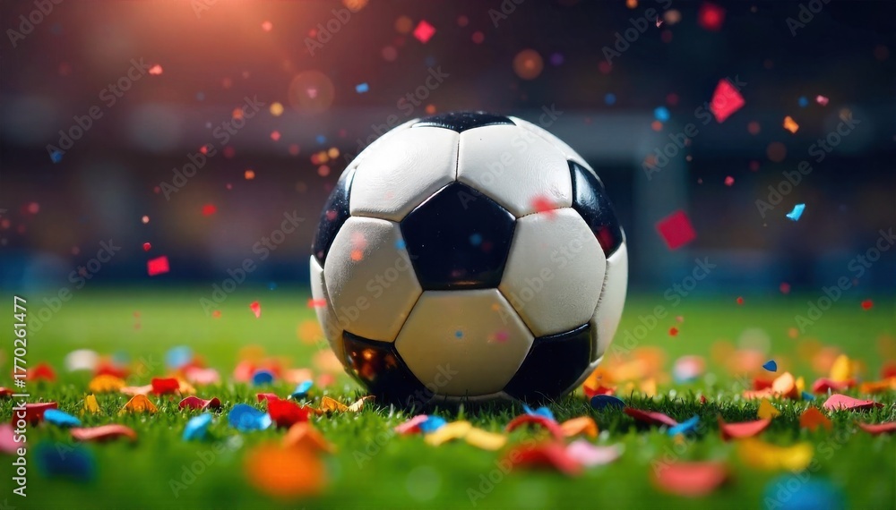Fototapeta premium Joyful soccer ball celebrating a goal on a vibrant green pitch with confetti. A close up of a vibrant soccer ball airborne above a lush green soccer field. The ball is positioned as if it just scored,