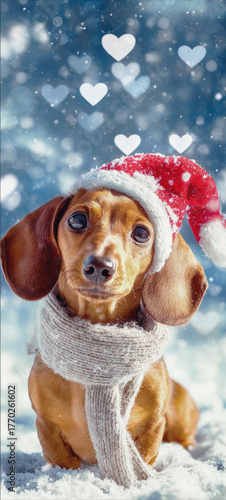 Adorable dachshund wearing a Santa hat and cozy scarf sits in snow, looking up with a festive winter background filled with soft falling snow and heart bokeh lights.