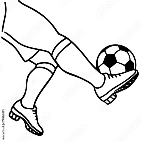 A black-and-white contour drawing of the legs of a football player in shorts and cleats, who is technically hitting a soccer ball.