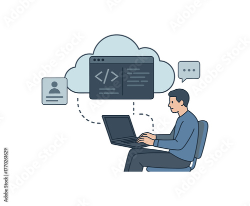 cloud based coding platform remote software development and online collaboration flat vector illustration style isolated on white background