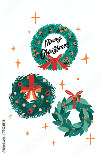 Three colorful wreaths adorned with ribbons and ornaments feature cheerful messages for the Christmas season, bringing warmth and joy to any holiday setting.
