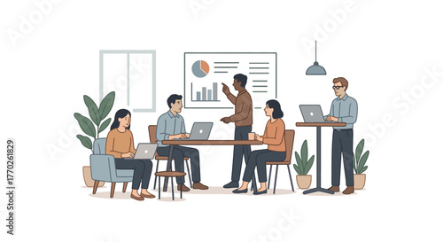 hybrid office space flexible workplace and team collaboration flat vector illustration style isolated on white background