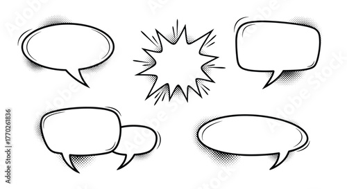 Set of hand-drawn comic book style speech and thought bubbles with halftone shadow effects, perfect for adding text in graphic designs.