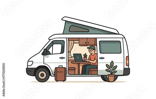 digital nomad camper van mobile office and location independent work flat vector illustration style isolated on white background