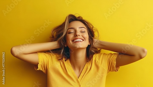 Cheerful youth leans happily over warm, glowing hues, radiating wellbeing and vibrant vitality.