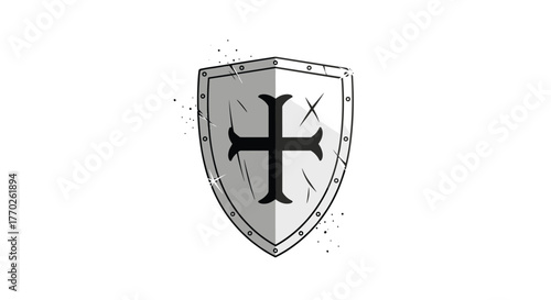 Stylized grey medieval shield featuring a black cross, rivets, and battle damage, with sparkling highlights on a white background.