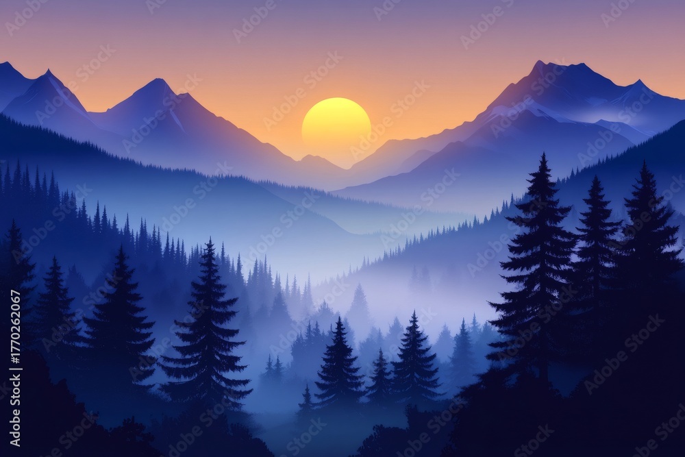 Obraz premium Mountain forest landscape sunset creating serene tranquil atmosphere