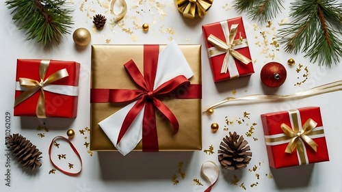 Christmas Gift Boxes with Red and Gold Ribbons on White Background – Holiday Flat Lay