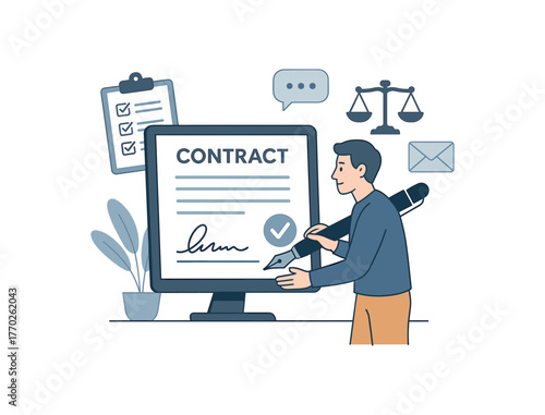 online contract signing digital agreements and remote legal workflow flat vector illustration style isolated on white background