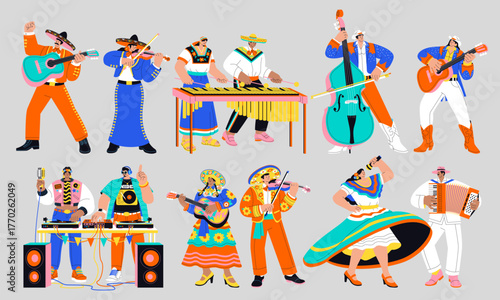 Collection of traditional Latin musicians playing instruments in hand-drawn flat cartoon style