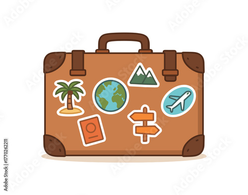 suitcase with travel stickers world journey and wanderlust lifestyle flat vector illustration style isolated on white background