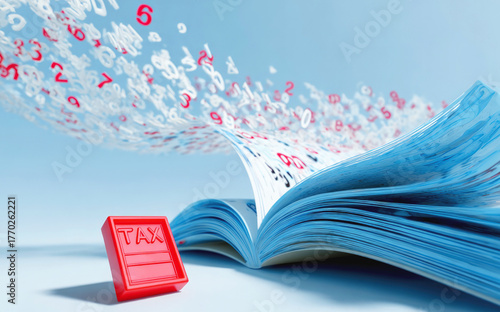 Open book with flying numbers and red tax stamp, symbolizing financial data, taxation and accounting concepts on a light blue background.