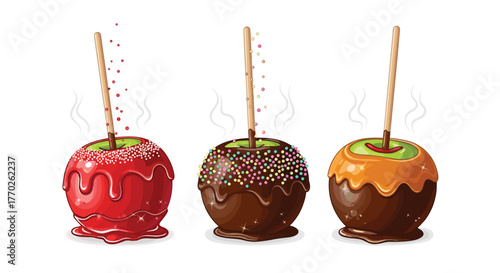 Three gourmet candy apples, coated in classic red candy, rich chocolate with colorful sprinkles, and sweet caramel, showcasing delicious festive treats.