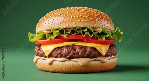 Gourmet Beef Burger with Melted Cheese and Sesame Seed Bun - Appetizing and High-Quality Photography