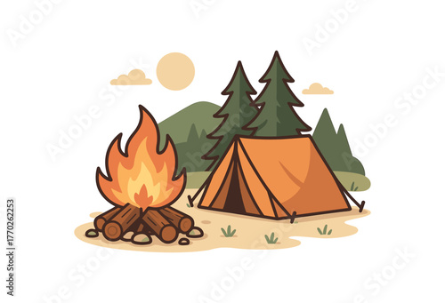 campfire campsite outdoor adventure and nature getaway flat vector illustration style isolated on white background