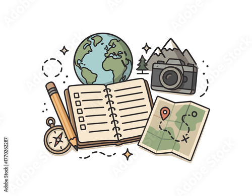 travel itinerary planning global trips and adventure goals flat vector illustration style isolated on white background