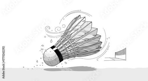 Detailed black and white illustration of a badminton shuttlecock mid-flight, with wind and a net in the background.