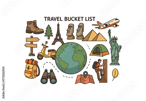 travel bucket list global exploration and adventure goals flat vector illustration style isolated on white background