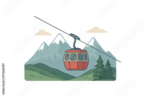 mountain cable scenic travel and high altitude exploration flat vector illustration style isolated on white background