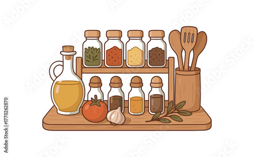 kitchen spices rack cooking inspiration and flavorful meals flat vector illustration style isolated on white background