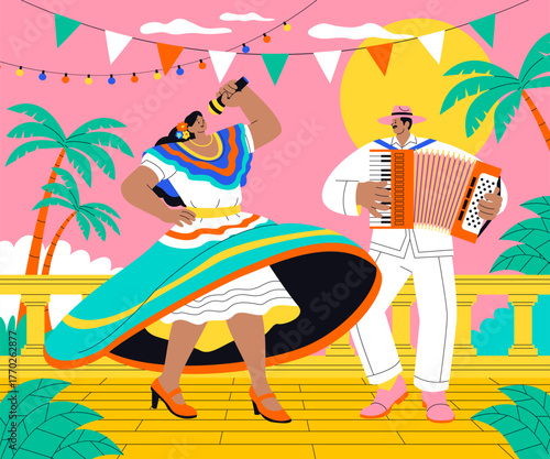 Outdoor music performance with accordion and singer on stage in hand-drawn flat cartoon style