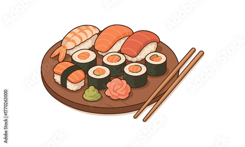 sushi platter asian cuisine and culinary traditions flat vector illustration style isolated on white background