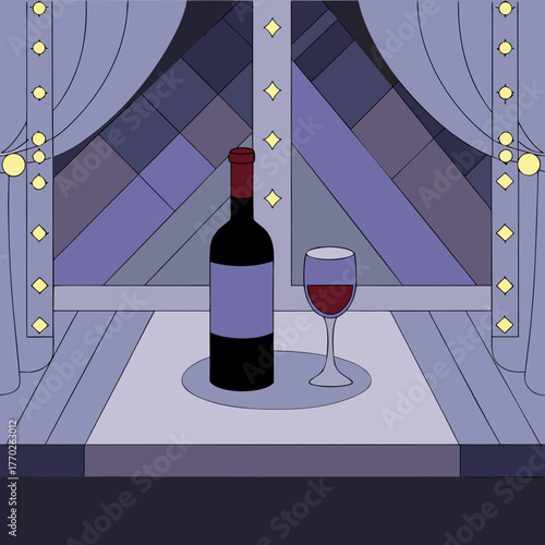 A bottle of wine and a glass on a table in front of a window