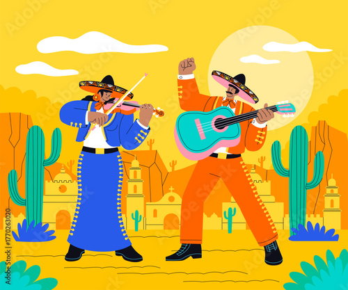Guitar and violin mariachi performance in desert town setting in hand-drawn flat cartoon style