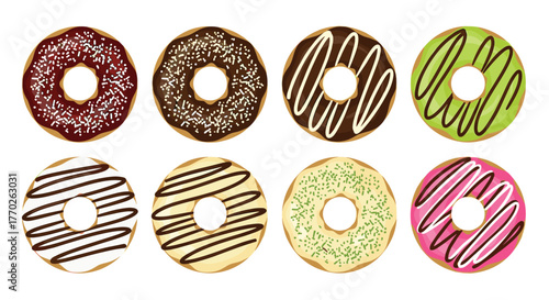 An appetizing array of eight sweet and colorful donuts featuring diverse glazes, drizzles, and sprinkles, presented against a white background.