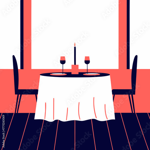 A minimalist dining table for two, set for a romantic evening meal