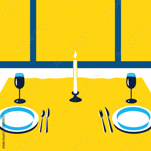 A romantic dinner setting with candle and wine glasses in yellow and blue