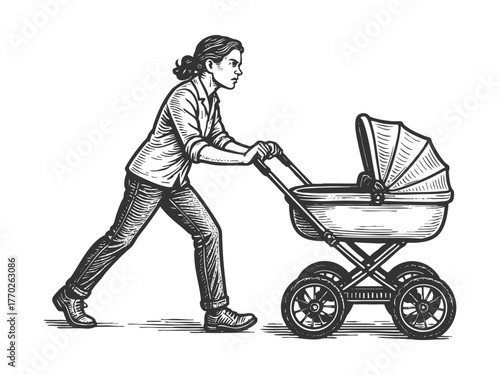 woman in traditional clothing pushing a classic baby carriage, parenting or history themes sketch engraving generative ai fictional character vector illustration. Scratch board. Black and white image.