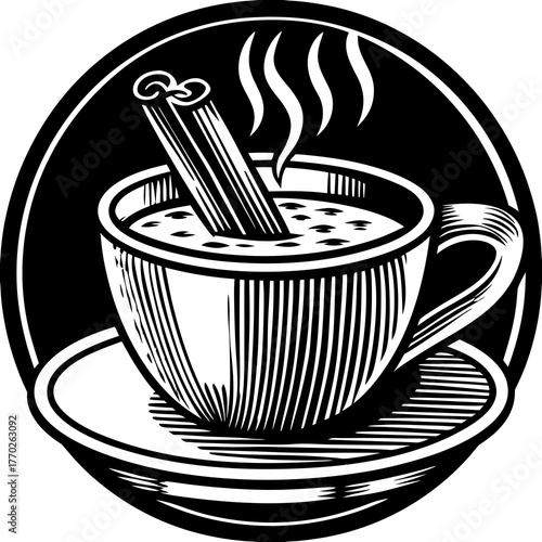 A steaming cup of spiced cider with a cinnamon stick in a circular frame